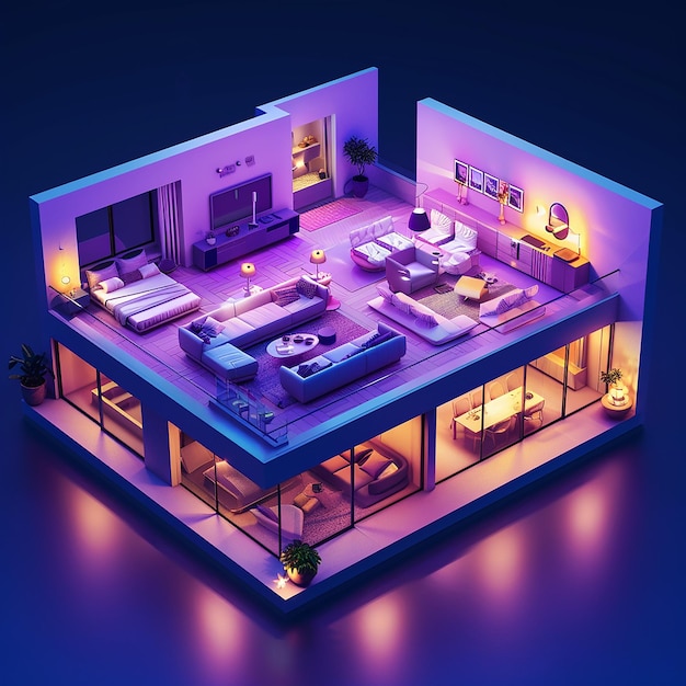 Vector 3d plan of the house on the dark purple background