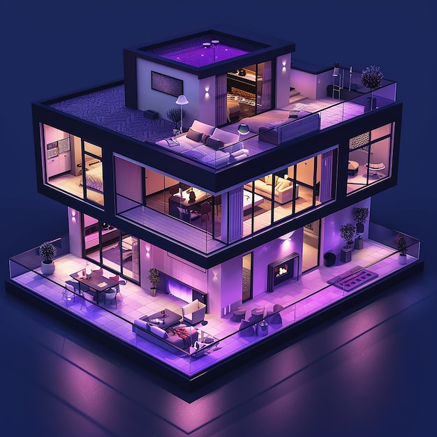 3D plan of the house on the dark purple background