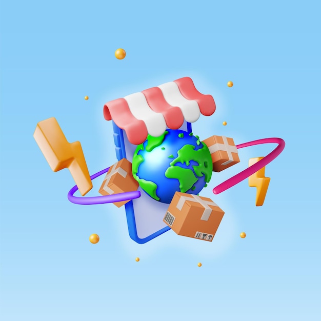 Scatola di imballaggio 3d planet earth nello smartphone