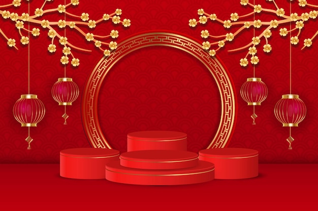 Tema del nuovo anno cinese del podio 3d con il fiore dell'ornamento e la lanterna su fondo rosso