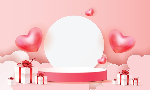 3d podium red product background for valentinepink and heart love romance concept design vector