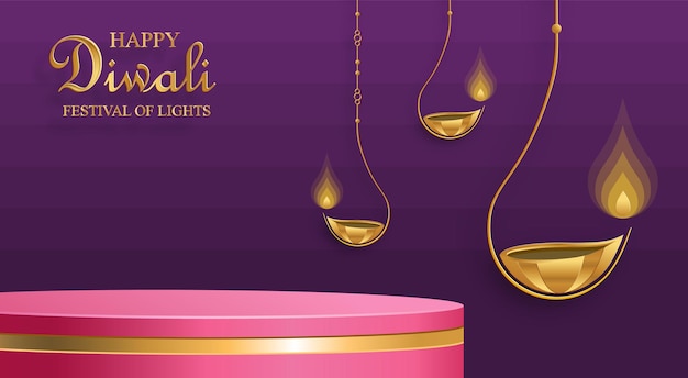 3D-podium ronde fase stijl voor Diwali Deepavali of Dipavali het Indiase festival van lichten met Diya lamp vuur verlichting en oosterse objecten op kleur achtergrond