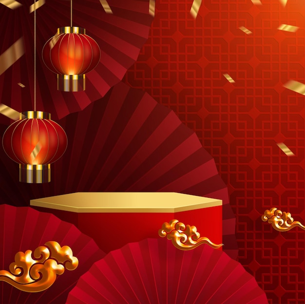 3d podium ronde, vierkante doos podium podium en papier kunst chinees nieuwjaar, chinese festivals, mid autumn festival, rood papier knippen, ventilator, bloem en aziatische elementen met ambachtelijke stijl op de achtergrond.