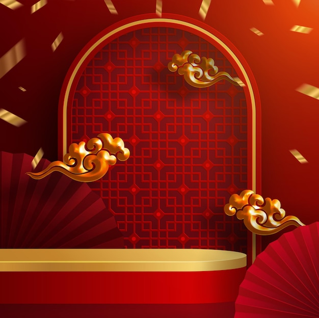 3d podium round, square box stage podium and paper art chinese new year,chinese festivals, mid autumn festival, red paper cut, fan, flower and asian elements with craft style on background.