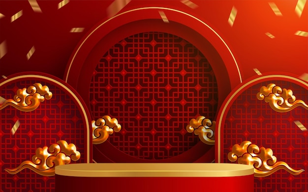 3d podium round, square box stage podium and paper art chinese new year,chinese festivals, mid autumn festival, red paper cut, fan, flower and asian elements with craft style on background.