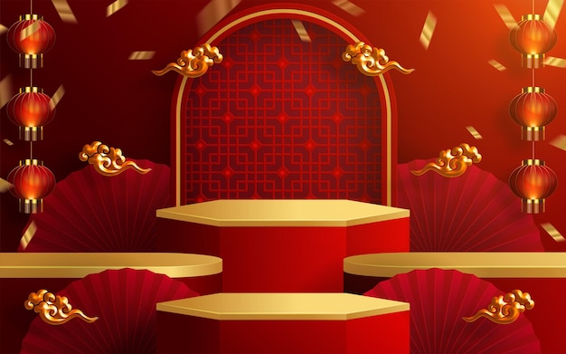 3d Podium round, square box stage podium and paper art Chinese new year,Chinese Festivals, Mid Autumn Festival, red paper cut, fan, flower and asian elements with craft style on background.