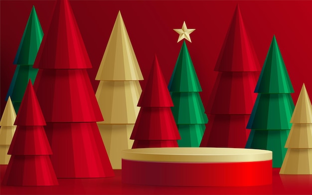 3d podio stile palco rotondo, per buon natale e felice anno nuovo e festival o festival di auguri su carta tagliata arte e artigianato con sfondo colorato ed elementi festivi