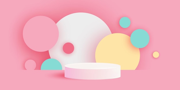 3D Podium scene or pedestal on pastel background with minimal geometric shapes paper cut craft studio for display product mockup design. Circles.