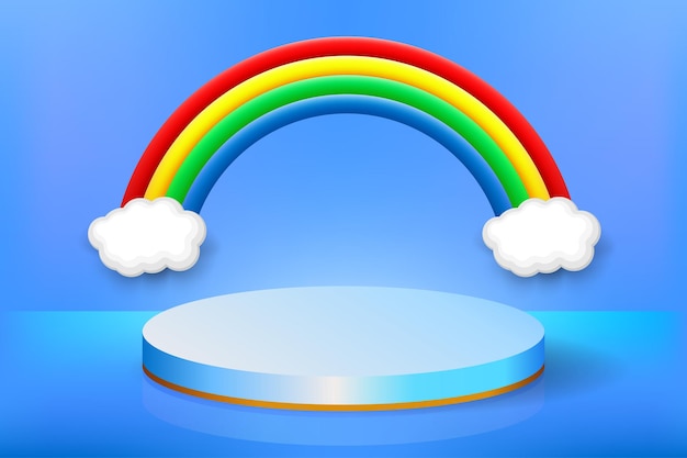 3d podium stage with cloud and rainbow on blue