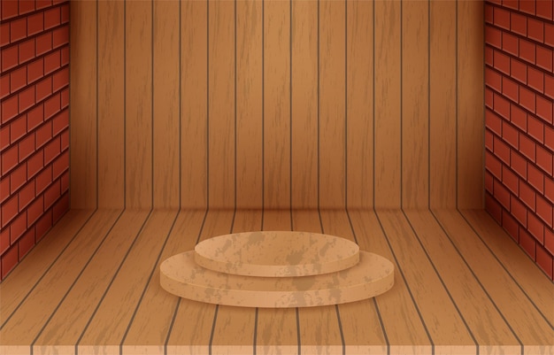 Vector 3d podium with brown wooden background and brick wall