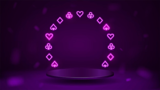 3d podium with neon frame of poker card suits in purple on a dark background