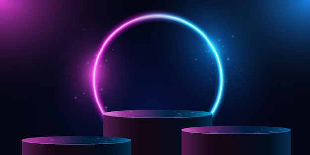 3D Podium with purple and blue glowing neon arc to showcase your product Magical platform with flying abstract lights Vector illustration