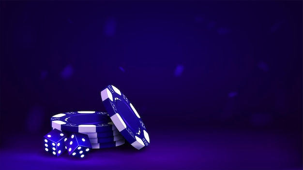 3d poker chips and dice in blue a concept for a casino on a glowing bright background