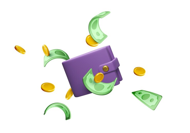 Vector 3d-portemonnee met geld ernaast realistische dollar in cartoonstijl wisselinkomen of succesbesparingen vectorillustratie
