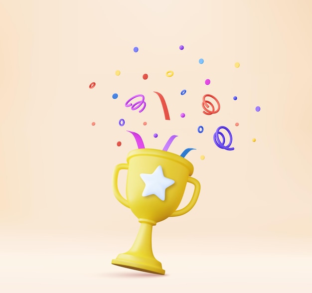 3d-prijswinnaar icoon met gouden beker winnaars sterren met objecten drijvende rond prijstoekenning met confetti 3d rendering vector illustratie