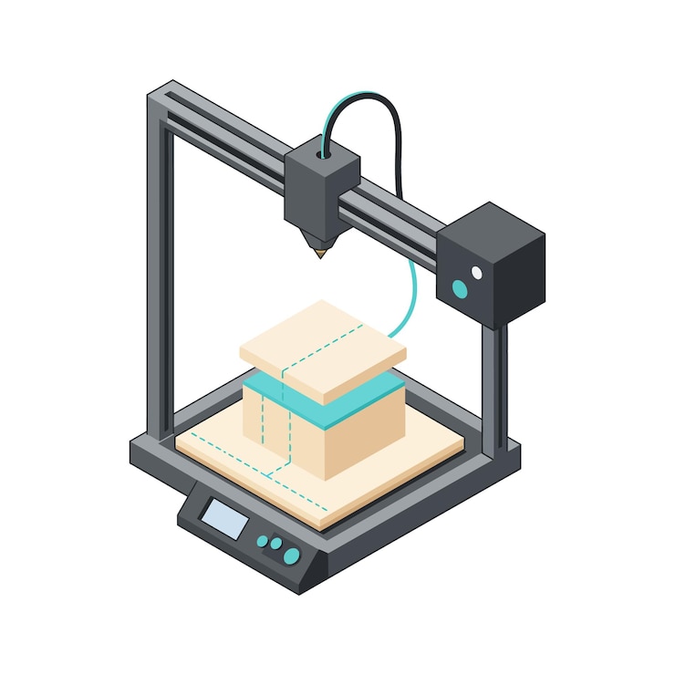 Вектор 3d-принтер, создающий бежевую коробку с голубой лентой в изометрической минимально плоской векторной иллюстрации дизайна