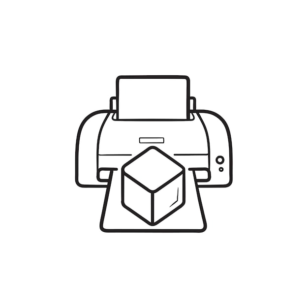 3d-printer drukt kubus hand getrokken schets doodle pictogram. 3d-objecten afdrukken, driedimensionaal printerconcept