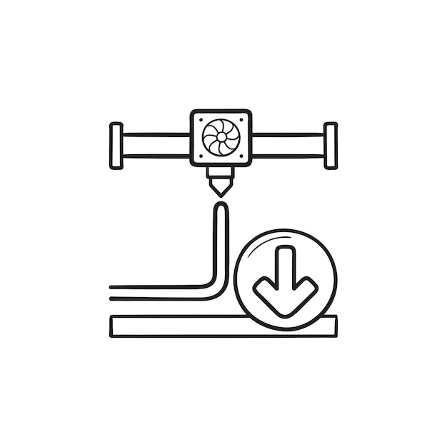 Icona di doodle di contorni disegnati a mano stampa estrusore stampante 3d. stampa 3d, concetto di direzione dell'ugello della stampante. illustrazione di schizzo vettoriale per stampa, web, mobile e infografica su sfondo bianco.