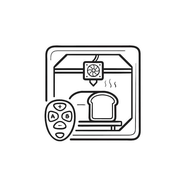 3D printer making bread and remote control hand drawn outline doodle icon. 3D printing technology concept