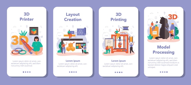 3Dプリンターモバイルアプリケーションバナーセット。デジタルデザイナーの描画