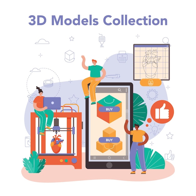 3d printer online service or platform. digital designer drawing with electronic equipment. layout or model creation. online models collection. flat vector illustration