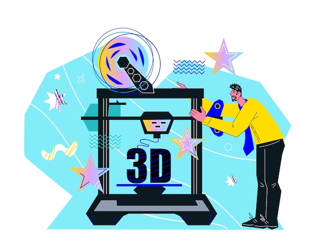 3d printer service banner or poster cartoon flat vector illustration isolated