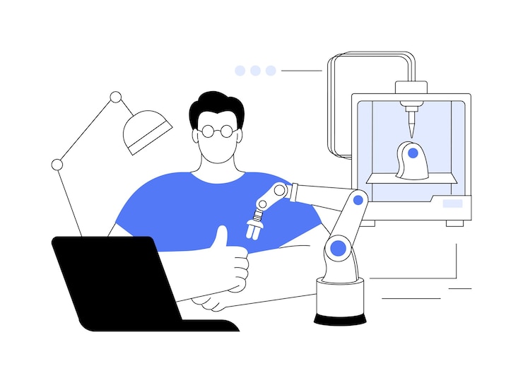 Vector 3d printers in robotics abstract concept vector illustration professional engineer creating robot using 3d printing model modern it technology manufacturing process abstract metaphor