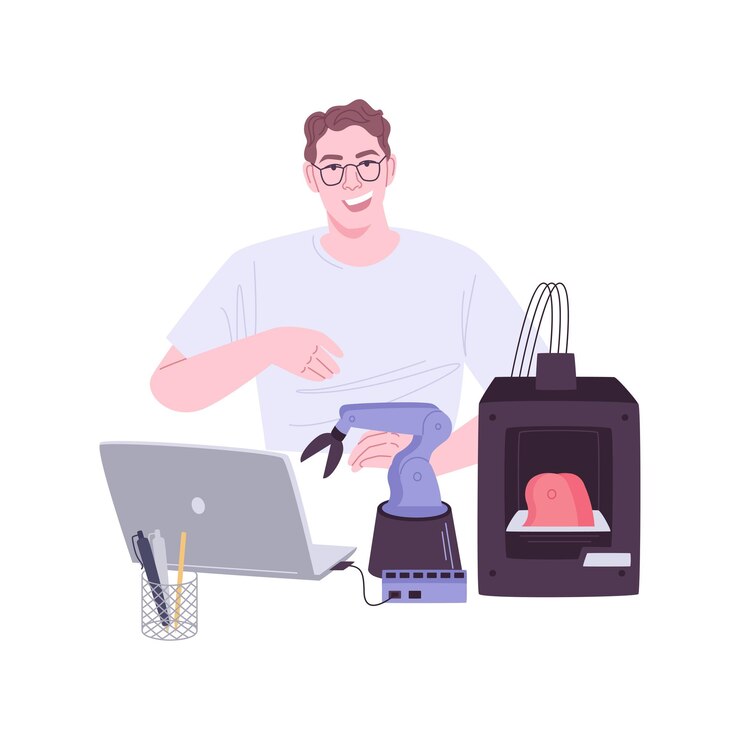 Vector 3d printers in robotics isolated cartoon vector illustrations