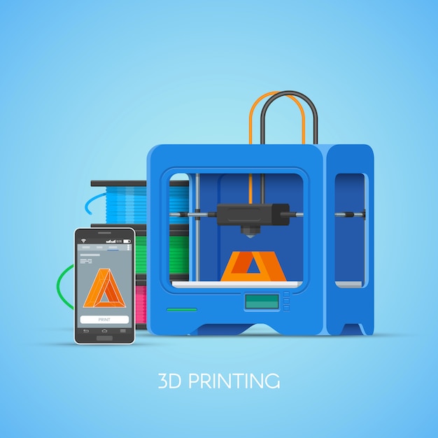 플랫 스타일의 3D 인쇄 개념 포스터. 디자인 요소와 아이콘. 스마트 폰의 산업용 3D 프린터 인쇄 개체.