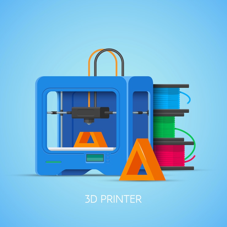 वेक्टर 3d printing concept poster in flat style. design elements and icons. industrial 3d printer.