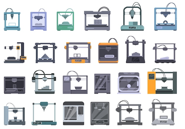 3D printing in construction icons set cartoon vector Lab print