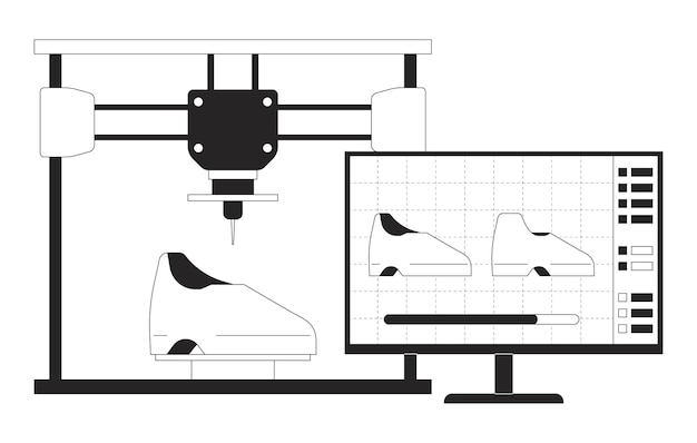 Vettore calzature di stampa 3d illustrazione piatta di cartoni animati in bianco e nero