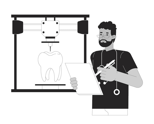 Vettore stampa 3d di un dente umano illustrazione piatta di cartone animato in bianco e nero