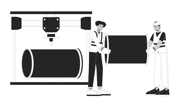 Stampa 3d nella fabbricazione di tubi metallici illustrazione piatta di cartoni animati in bianco e nero
