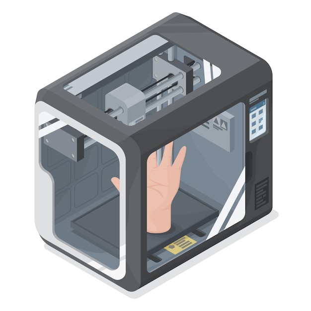 Vettore stampante per stampa 3d il futuro della medicina isometrica cartone animato parte umana che fa tecnologia medica