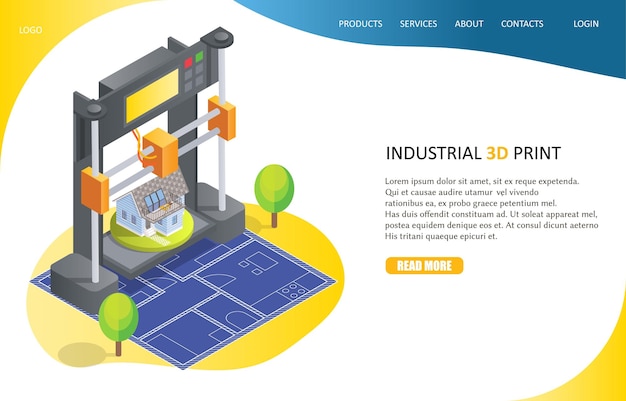 Modello vettoriale del sito web della pagina di destinazione del processo di stampa 3d