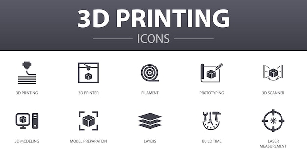 3d printing simple concept icons set. contains such icons as 3d printer, filament, prototyping, model preparation and more, can be used for web, logo, ui/ux