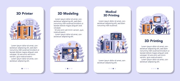 3d 인쇄 기술 모바일 응용 프로그램 배너 세트. 3d 프린터 장비 및 엔지니어. 최신 프로토 타이핑 및 구성. 격리 된 벡터 일러스트 레이 션