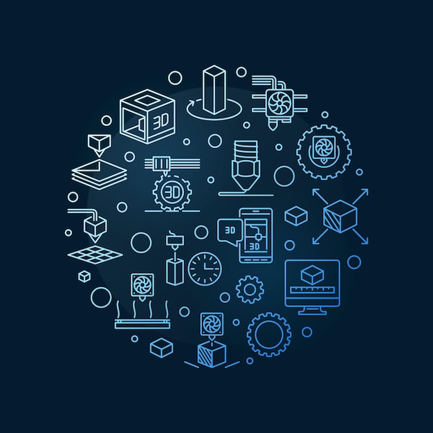 3d printing vector additive manufacturing concept round blue linear illustration