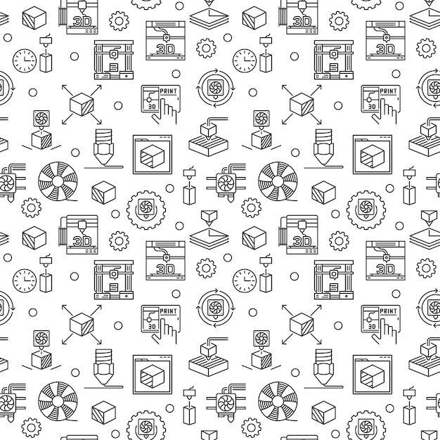 3d Printing vector Additive Technology concept seamless pattern in thin line style