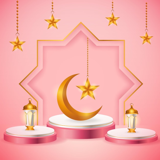 3d product display, pink and white podium themed islamic with crescent moon, lantern and star for ramadan