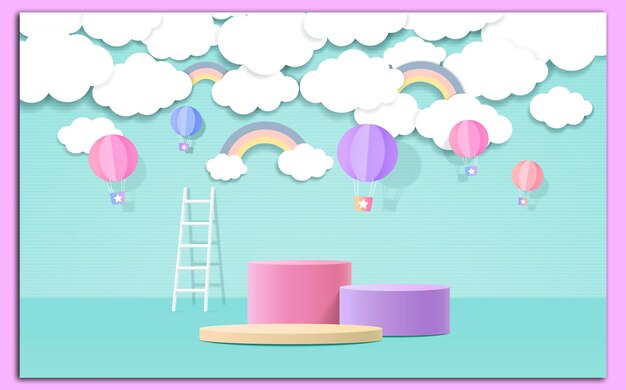 3d product podium pastel color background clouds weather with empty space for kids or baby product