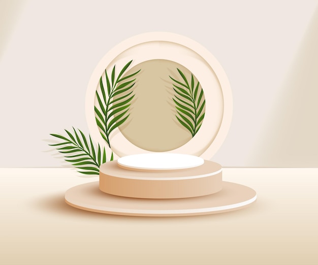 Vector 3d product podium and pedestal in beige color with palm leaves