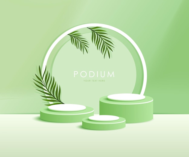 3d product podium and pedestal in green color with palm leaves