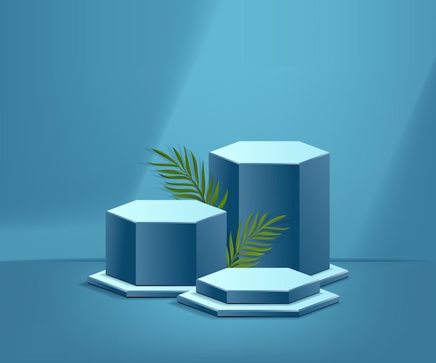 3d product podium and pedestal in Greenish blue color or metallic seaweed color with palm leaves