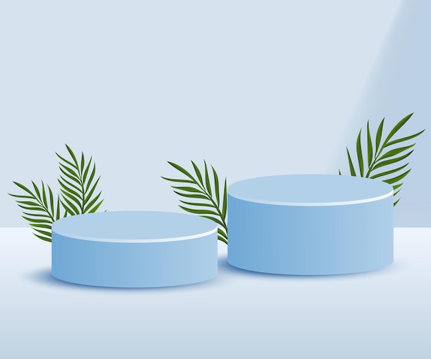 3d product podium and pedestal in modern light blue color with palm leaves