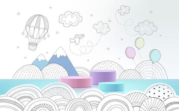 Vector 3d product podium with hand drawn weather background, empty space for kids or baby product.