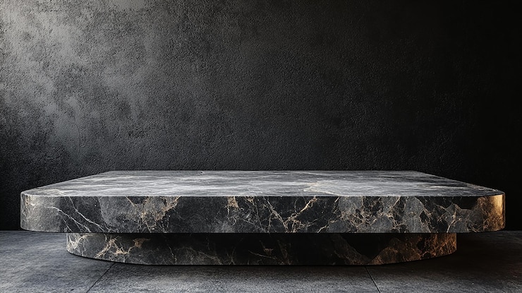 Vector 3d product table in an empty studio against a black wall podium for presentation concrete dark surface marble luxury counter top mockup showcase illustration
