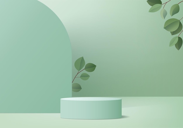 3d製品は、緑の葉の幾何学的なプラットフォームで表彰台のシーンを表示します表彰台スタンドで3dレンダリング