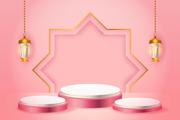 3d-productvertoning roze en wit islamitisch podiumthema met gouden lantaarn voor ramadan
